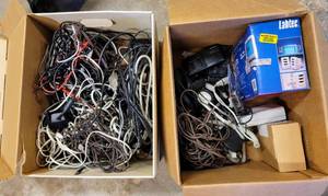 lot 8416 image: Box Full of Electronics & Cords - Labtec Computer Speakers, Headsets, Phone Cords  much more
