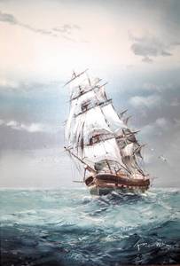 lot 8314 image: Signed Oil on Canvas Painting Clipper Ship on Rough Seas  49 x 29.5