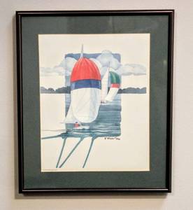lot 8312 image: Signed P. Brent 218 Spinnakers Red & Blue Watercolor Print of Sailboats - Framed