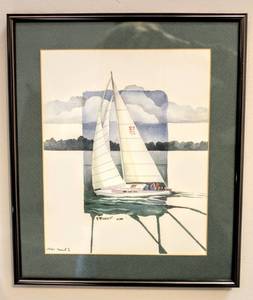 lot 8311 image: Signed P. Brent 1061 Sail I Watercolor Print of Sailboat - Framed