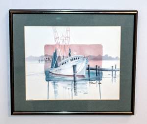 lot 8310 image: P. Brent 1057 Dockside I Boat Watercolor Print Framed