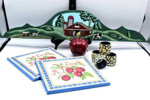 lot 8317 image: Red Marble Apple Paperweight, 23 Reversible Seasonal Wall Decor  set of Hand Painted Napkin Rings