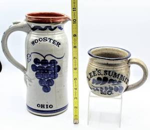 lot 8319 image: (2) Piece Pottery Lot Wooster Ohio 10 Pottery Pitcher and Lees Summit MO. Signed and dated Mug 4