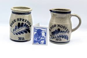 lot 8320 image: Westerwald Pottery Blues Springs MO. and Knob Noster MO. Signed Dated and Stamped Mug and Pitcher Pottery, (2) Piece Pottery Lot