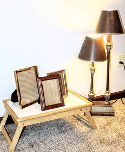 lot 8325 image: Decor Lot including Folding Lap Tray, Duo Table Lamp and 3 Picture Frames