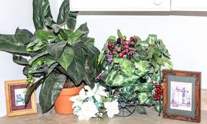 lot 8332 image: Home Decor Lot including (2) Framed Pictures, Terra Cotta Pot and Faux Foliage