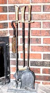lot 8341 image: Mid-Century Black Wrought Iron and Brass Accent Fireplace and Hearth Set PLUS Matching Closed Dangler