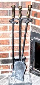 lot 8342 image: Mid-Century Black Wrought Iron and Brass Accent Fireplace and Hearth Set (3 Tools) and Holder