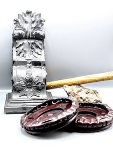 lot 8335 image: Wooden Plaque Candle Holders, Rock Art, Wooden Club, Wooden Mantle End Piece