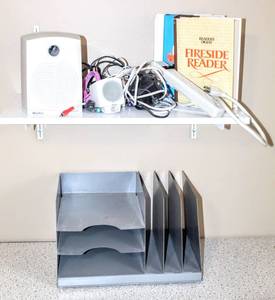 lot 8345 image: Small Wall Shelf and Brackets, Readers Digest Books (3), Metal Desk Organizer and Computer Speaker Set Boston BA635