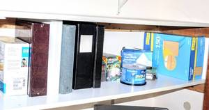 lot 8347 image: Office Shelf FULL of Products Envelopes, HP DVD Writer, Discs, Binders and more