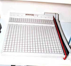 lot 8349 image: Office Shelf FULL of Products Boston 2612 Cutter and HP PSC 1610 All-in-one, HP 58 Photo Print Cartridge and Cannon Photo Paper Pro