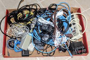 lot 8269 image: Box Full of Various Cords & Electronics - includes Surge Protector, Alarm Clock, Extension cords  more