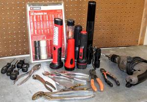 lot 8386 image: Heavy Duty Electric Drill, Wrenches, Plyers, Screwdrivers, Flashlights including Maglite and Mechanics Flashlights