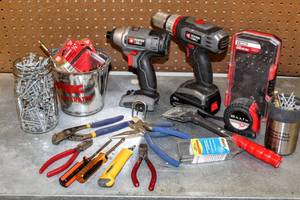 lot 8222 image: 18V PORTER CABLE Cordless Drill & Impact Driver, Variety of Hand Tools  Containers Full of Screws, Bolts, Staples