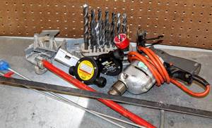 lot 8221 image: Heavy Duty Corded Drill, Drill Bit Set, 2 Drill Pumps, Basin Wrench and more