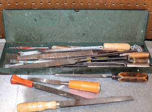 lot 8407 image: Vintage Green Metal Case and TONS of Woodworking Hand Tools