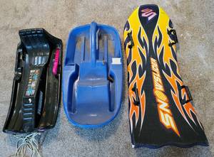 lot 8380 image: (3) Vintage Snow Sleds - Snowslider, Come Play & Pelican Recreation Inc.