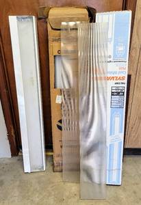 lot 8429 image: (2) Fluorescent Shop Lights, (7) New Sylvania T-12 Light Bulbs  (2) Covers
