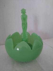 lot 1967 image: Vintage Fenton  jadeite lotus bowl w flower frog & Nymph