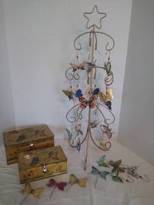 lot 1995 image: Ornament tree w 20 colorful butterfly ornaments & 2 metal butterfly boxes