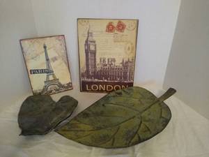 lot 2026 image: 2 - Metal London wall art & 2 Leaf decors