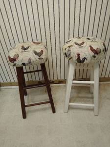 lot 2145 image: (2) Wooden stools wrooster seats