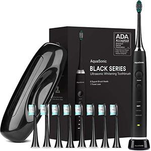 lot 25018 image: AquaSonic Black Series Ultra Whitening Toothbrush ADA Accepted Rechargeable Toothbrush - 8 Brush Heads & Travel Case - Ultra Sonic Motor & Wireless Charging - 4 Modes w Smart Timer - Sonic Electric
