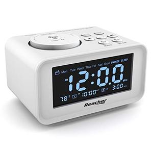 lot 25048 image: REACHER Dual Alarm Clocks Radio - WeekdayWeekend Mode, 0-100% Dimmer, Dual USB Charging Ports, 6 Wake Up Sounds, Adjustable Volume, FM Radio with Sleep Timer, Battery Backup, Small Size for Bedroom