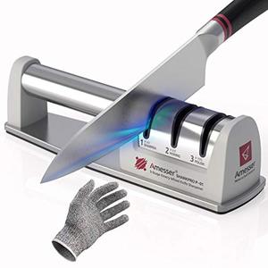 lot 25073 image: Amesser Knife Sharpener Diamond Wheel - Quickly Sharpen, Honing, Polish Kitchen Knives with 3 Stage Grit 3606001000, Anti�Slip Mat and Cut Resistant Glove for Safety (Light Gray)