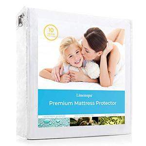 lot 25081 image: Linenspa Premium Smooth Fabric Mattress Protector-100% Waterproof-Hypoallergenic- Vinyl Free Protector, Queen, White