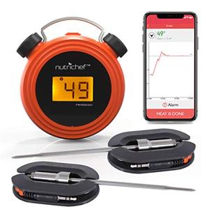 lot 25158 image: Smart Bluetooth BBQ Grill Thermometer - Digital Display, Stainless Dual Probes Safe to Leave in Outdoor Barbecue Meat Smoker - Wireless Remote Alert iOS Android Phone WiFi App - NutriChef PWIRBBQ60