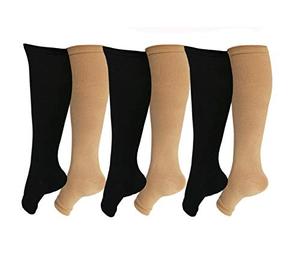 lot 25208 image: Open Toe Toeless Compression Socks 6 Pairs For Women Men 15-20 mmHg Calf Support Compression Sleeve(SM, Black&Nude)