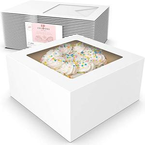 lot 25218 image: COCOPODS 25 Pack Auto Pop-Up Cake Boxes with Viewing Window & 50 Stickers - This White 10x10x5 Cake Box Container is Suitable For Pies, Cupcakes, Cookies And Cakes - Bakery Gift & Delivery Packaging with Clear Display