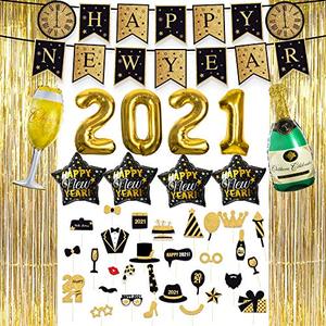 lot 25223 image: New Years Eve Party Supplies 2021, Foil Balloon Decorations Set, Photo Booth Props, Tinsel Foil Fringe Curtains, Banner for Party Photo Backdrop