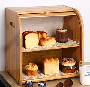 lot 25241 image: Bamboo 2 tier Bread Box- Kitchen Food Storage Bin display Countertop Shelf, Space Saving Bread Keeper with Adjustable Shelf, Wooden Large Capacity Holder Easy Assembled(Natural)