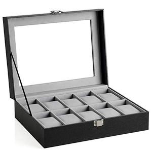 lot 25246 image: SONGMICS 10-Slot Watch Box, Faux Leather Watch Case, with Removable Watch Pillow, Black UJWB010BK