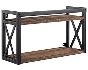 lot 25259 image: 2-Tier Floating Shelves with Black Metal, Industrial Floating Wall Shelves, Wall-Mounted Wood Book and Display Shelving for Bedroom, Bathroom, Living Room, Kitchen