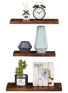 lot 25264 image: EKNITEY Floating Shelves Set of 3, Rustic Pine Solid Wood Wall Shelves Decor Display with Invisible Brackets for Kitchen Living Room Bathroom Bedroom (Brown)