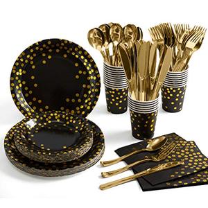 lot 25286 image: Black and Gold Party Supplies 175 Pieces Golden Dot Disposable Party Dinnerware - Black Paper Plates Napkins Cups, Gold Plastic Forks Knives Spoons for Graduation, Birthday, Cocktail Party