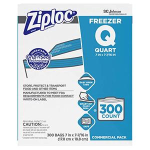 lot 25322 image: SC Johnson Professional, Ziploc Freezer Bags, For Food Organization and Storage, Double Zipper Seal, Easy-Open Tabs, Quart, 300 Count
