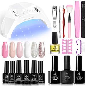 lot 25351 image: Beetles French White Glitter Gel Nail Polish Starter Kit with U V LED Light 48W Nail Lamp Gel Base Shiny Matte Top Coat Soak Off Nude Pink Gel Nail Polish Set Gel Manicure Kit DIY Home Nail Art Design