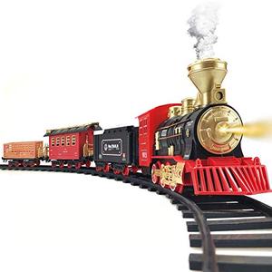 lot 25369 image: Train Set - Electric Train Toy for Boys Girls w Smokes, Lights & Sound, Railway Kits w Steam Locomotive Engine, Cargo Cars & Tracks, Christmas Gifts for 3 4 5 6 7 8 year old Kids