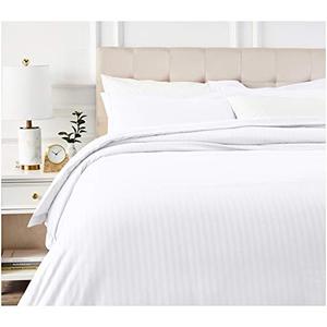 lot 25402 image: Amazon Basics Deluxe Striped Microfiber Duvet Cover Set - Full or Queen, Bright White