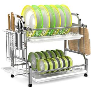 lot 25473 image: Dish Drying Rack, iSPECLE 304 Stainless Steel 2-Tier Dish Rack with Utensil Holder, Cutting Board Holder and Dish Drainer for Kitchen Counter