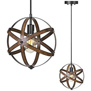 lot 25474 image: DEWENWILS Industrial Metal Pendant Hanging Light, Wood Grain Metal Spherical Cage Globe Vintage Ceiling Chandelier Foyer Light for Kitchen Island, Bedroom, Dining Hall Corridor Office, ETL Listed