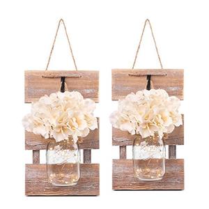 lot 25481 image: Besuerte Mason Jar Wall Sconces, Rustic Brown Wall Hanging Decor, LED Fairy Lights with Automatic On and Off 6-Hour Timer (Set of 2),Brown