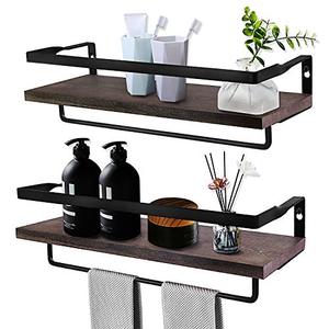 lot 25507 image: VSADEY Floating Shelves Wall Mounted with Towel Bar and Rails, Wall Shelves Floating Wall Ledge Display Shelf for Bedroom, Living Room, Bathroom, Kitchen, Set of 2 (Carbonized Brown)