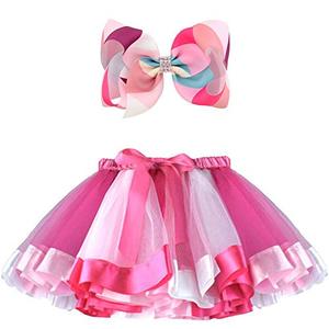lot 25524 image: BGFKS Girls Layered Tulle Rainbow Tutu Skirt with 8 Inch Big Hairbow,Tutu Skirt with Lining.(Hot Pink,2-4T)