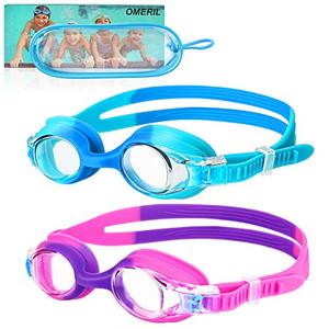lot 25574 image: OMERIL Swim Goggles, 2 Packs Anti-Fog Leak Proof Kids Swimming Goggles. Flexible Nose Bridge, 3D Tight Fit Design, Wide View Swim Glasses with Portable Case for Children and Teens (Age 6-14)